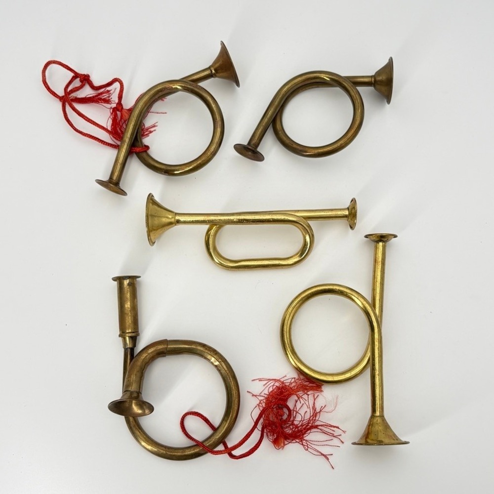 Vintage Brass Horn Ornaments Set of 5 Bugle French Horn Trumpet Gold Christmas